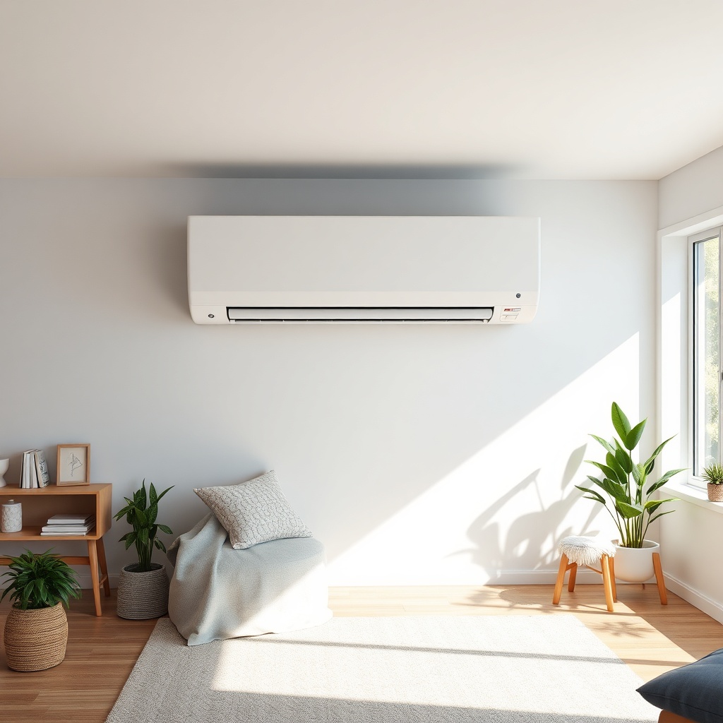 Bir oturma odasında duvara monte edilmiş LG Dual Cool WiFi klimasının soluk mavi ışıklarıy