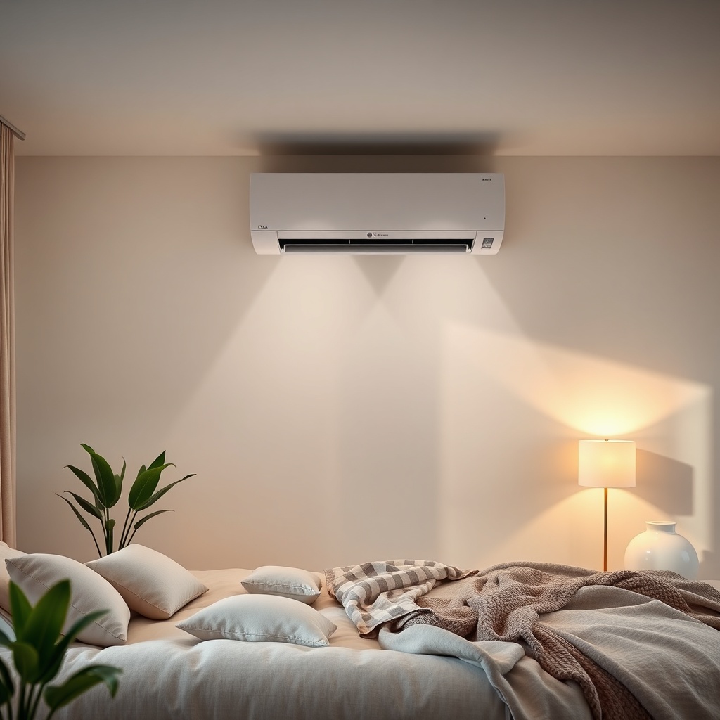 LG Dual Cool WiFi klimanın sessiz bir yatak odasında gece modunda çalışırken çekilmiş