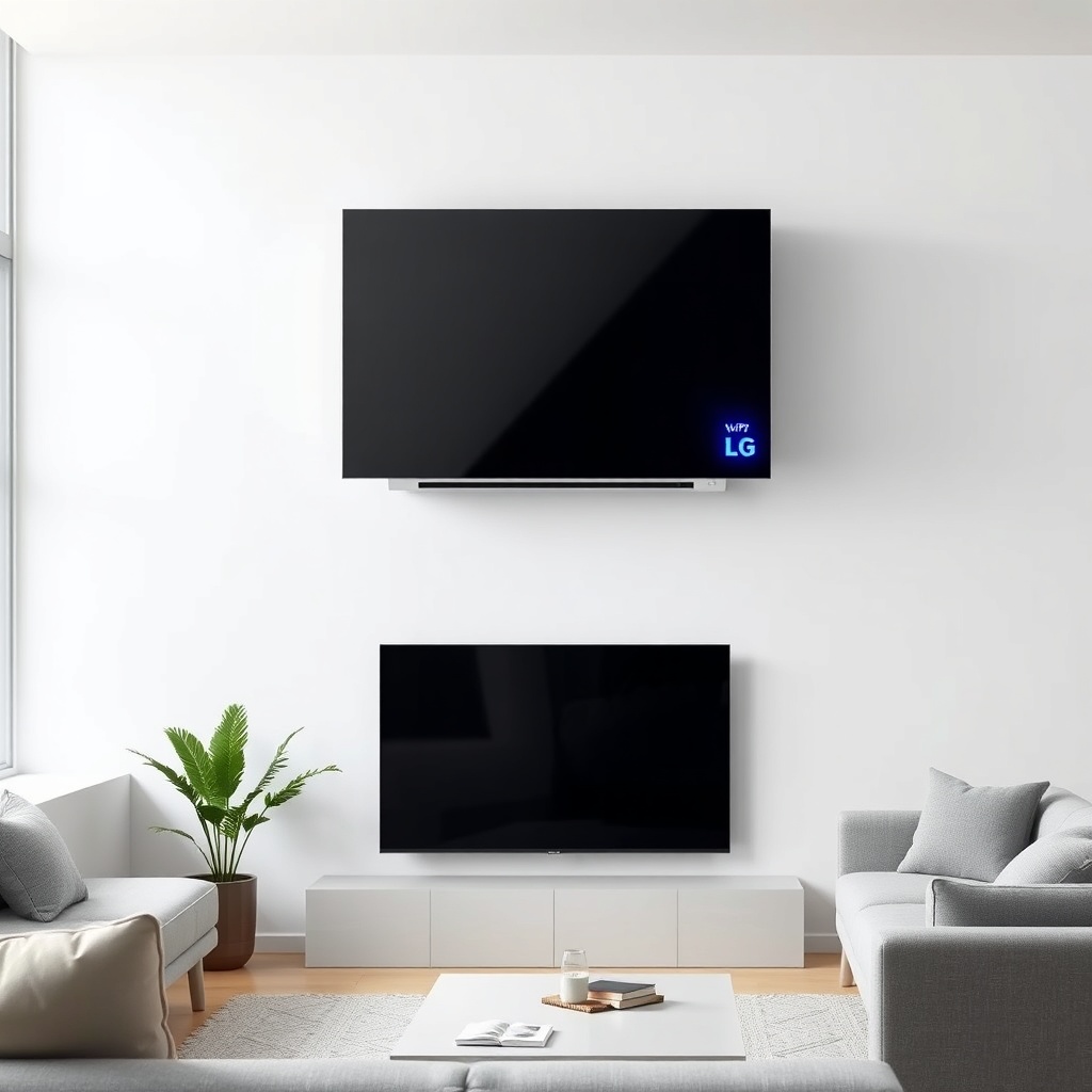 <clean photorealistic photo of LG Dual Cool WiFi installed on a white wall in a modern liv