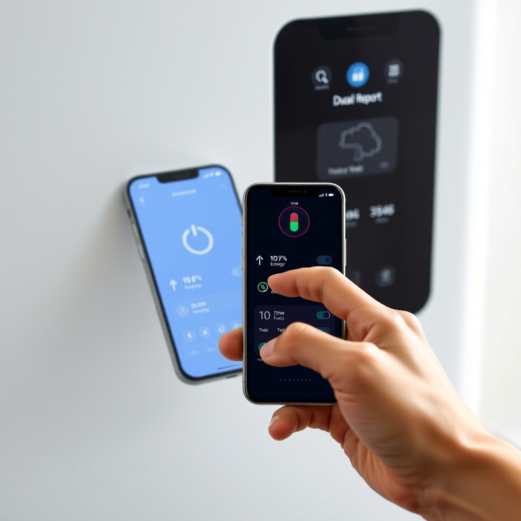 <clean photorealistic photo of a hand using a smartphone to control the LG Dual Cool WiFi