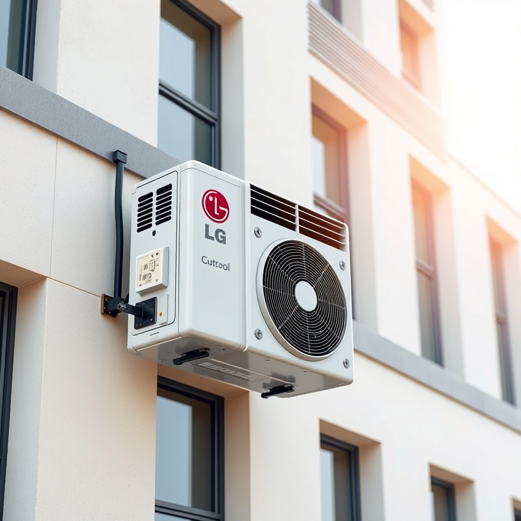 <photorealistic photo of an LG Dual Cool WiFi outdoor unit mounted on a wall