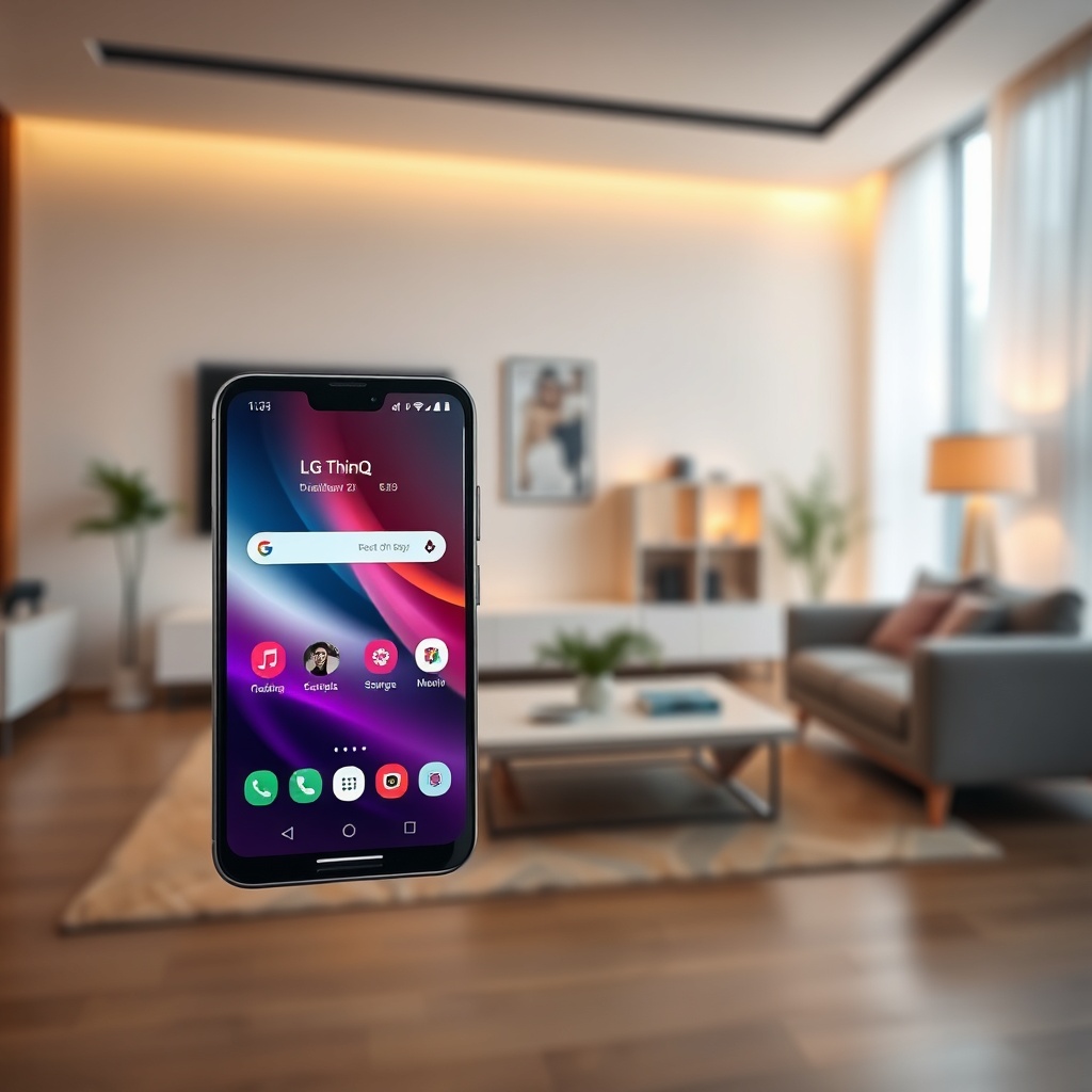 <photorealistic photo of a smartphone showing the LG ThinQ app interface