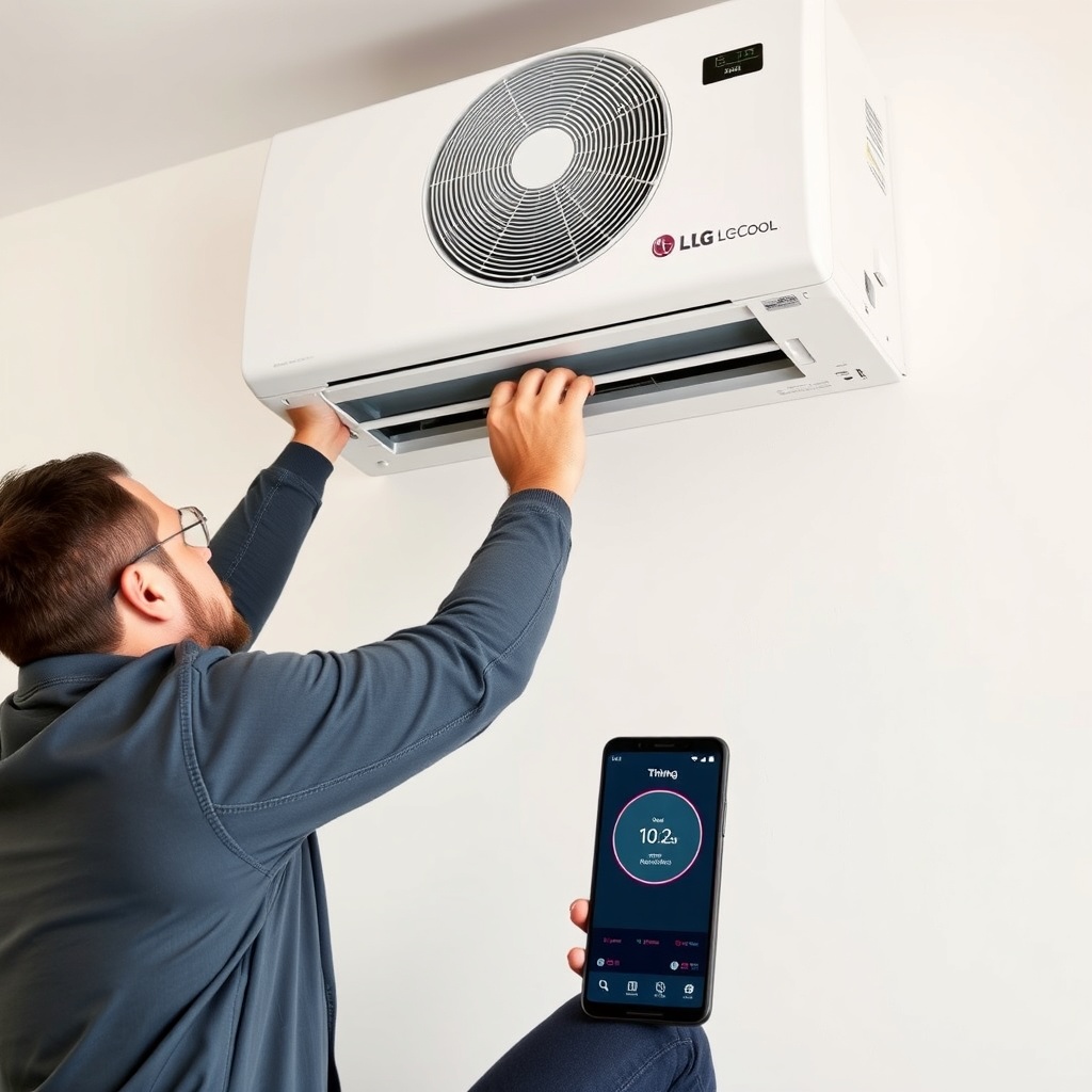 A clean photorealistic photo showing a professional installer mounting an LG Dual Cool WiF