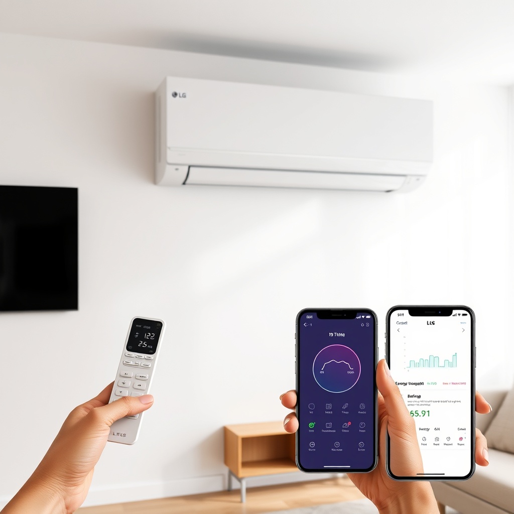 A clean photorealistic photo showing an LG Dual Cool WiFi indoor unit installed in a livin