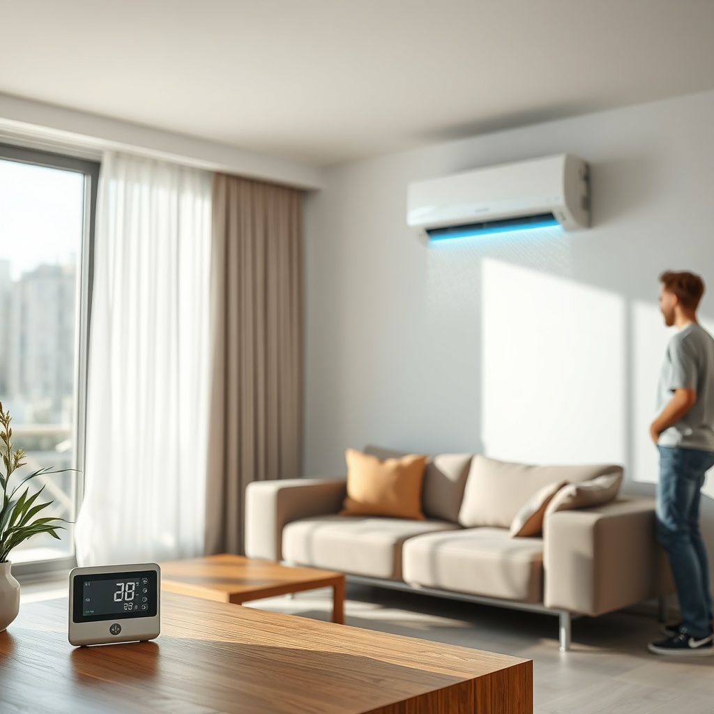 Photorealistic photo of a living room with LG Dual Cool WiFi indoor unit blowing cool air