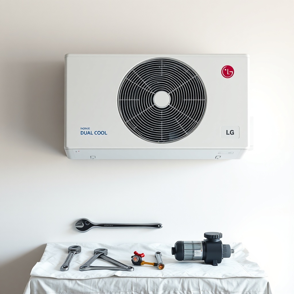 A clean photorealistic photo of an LG Dual Cool WiFi indoor unit mounted on a wall