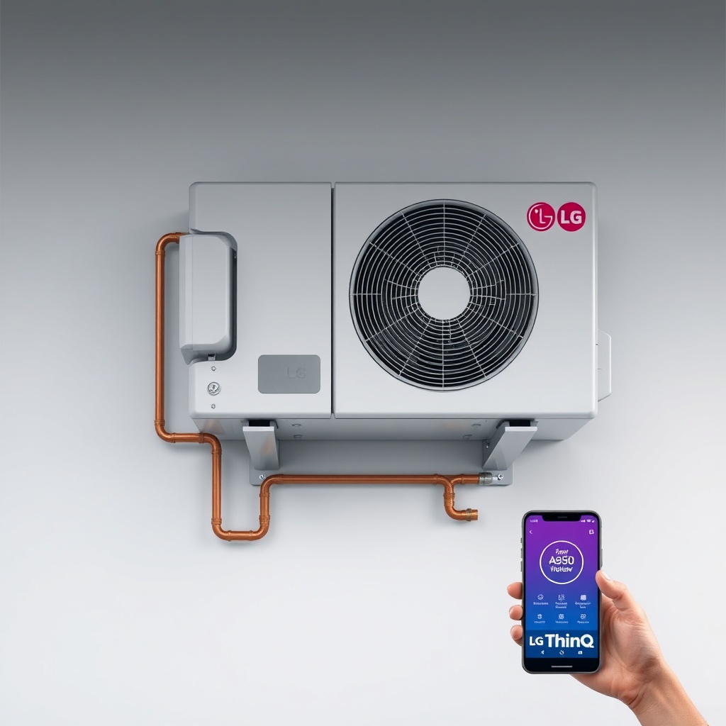 A clean photorealistic photo of an LG Dual Cool WiFi outdoor unit mounted on a wall bracke
