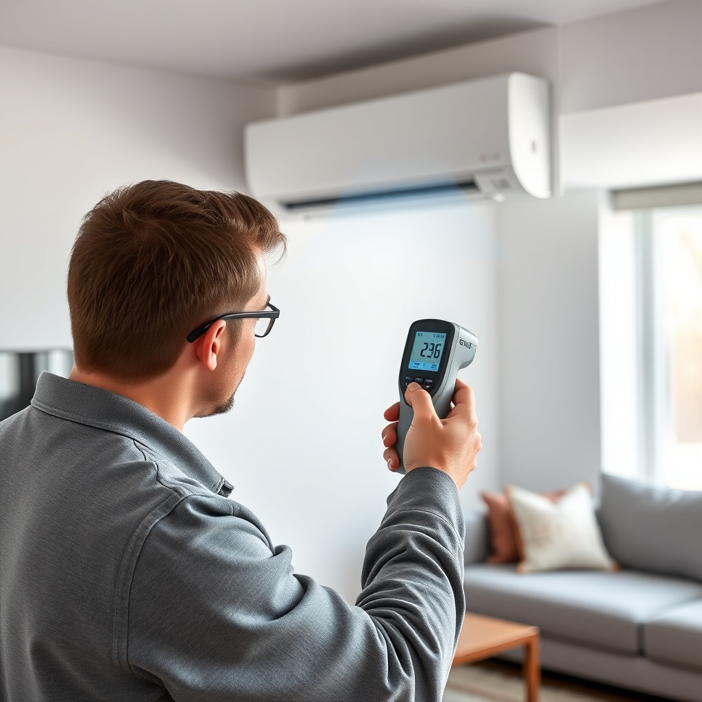 <clean photorealistic photo of a technician using a digital thermometer to measure the air