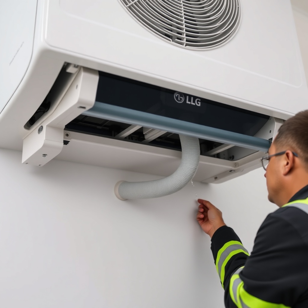<clean photorealistic photo showing the bottom of an LG Dual Cool WiFi indoor unit with a