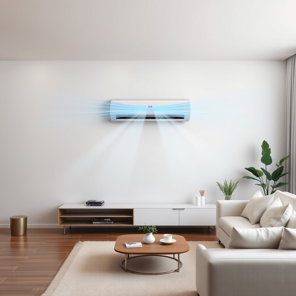 Realistic photo of a modern living room with LG Dual Cool WiFi wall unit blowing cool air