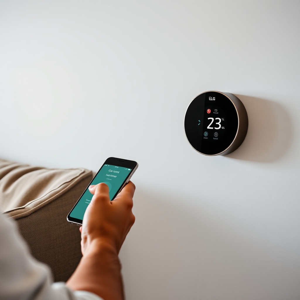 Realistic photo of a person using smartphone to control LG Dual Cool WiFi thermostat from