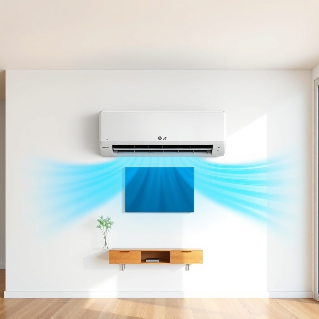 Photorealistic photo of LG Dual Cool WiFi indoor unit installed in a modern living room