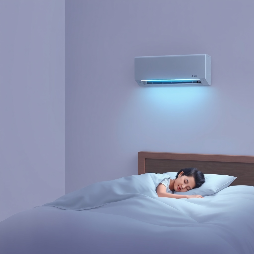 Photorealistic illustration of a quiet bedroom with LG Dual Cool WiFi unit on the wall