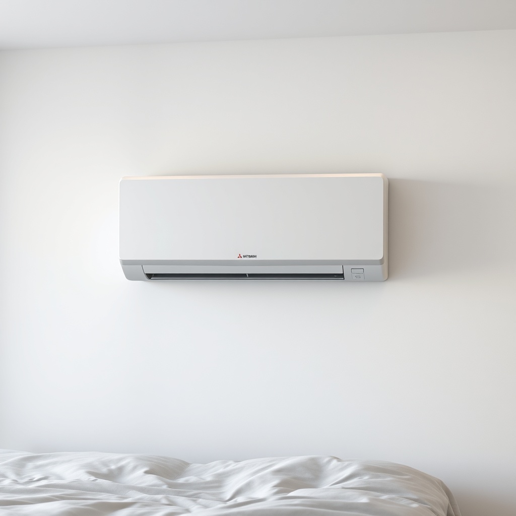 <clean photorealistic photo of a Mitsubishi Heavy SRK-ZSX indoor unit on a bedroom wall