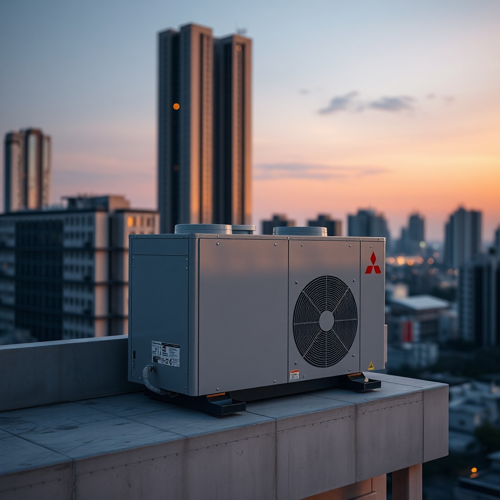 <clean photorealistic photo of a Mitsubishi Heavy SRC-ZSX outdoor unit on a concrete balco