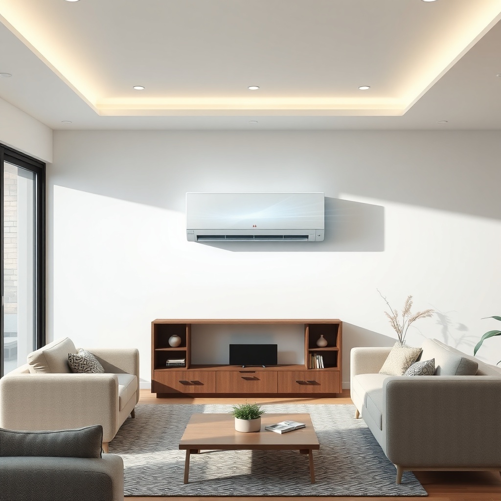 <clean photorealistic photo of a modern living room with Mitsubishi Heavy SRK/SRC ZSX wall