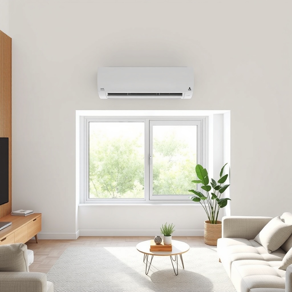 A modern living room with a white Mitsubishi Heavy SRK/ZK-S ductless split air conditioner
