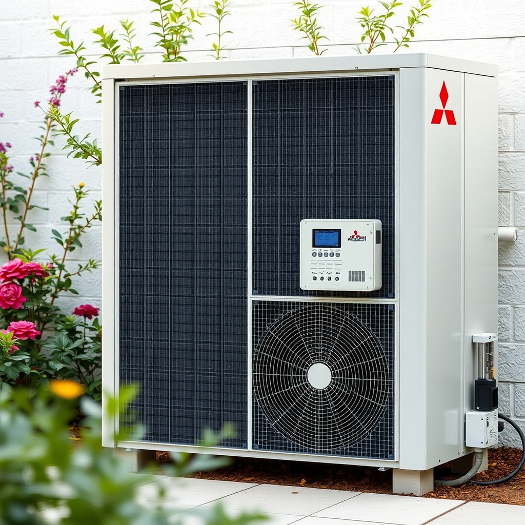 <clean photorealistic photo of Mitsubishi Heavy SRK/SRC ZSX outdoor unit in a garden