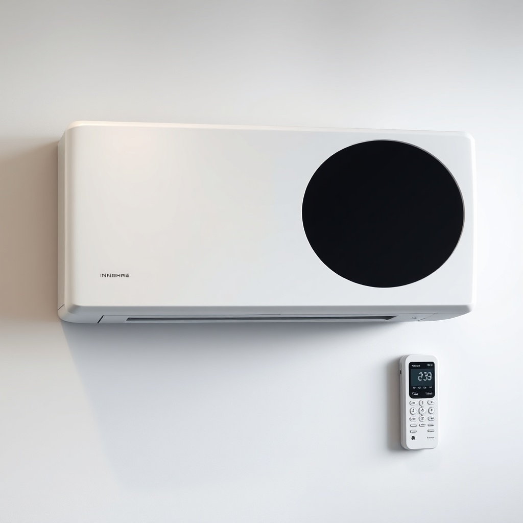 <clean photorealistic photo of indoor unit mounted on wall with sleek white finish and rem