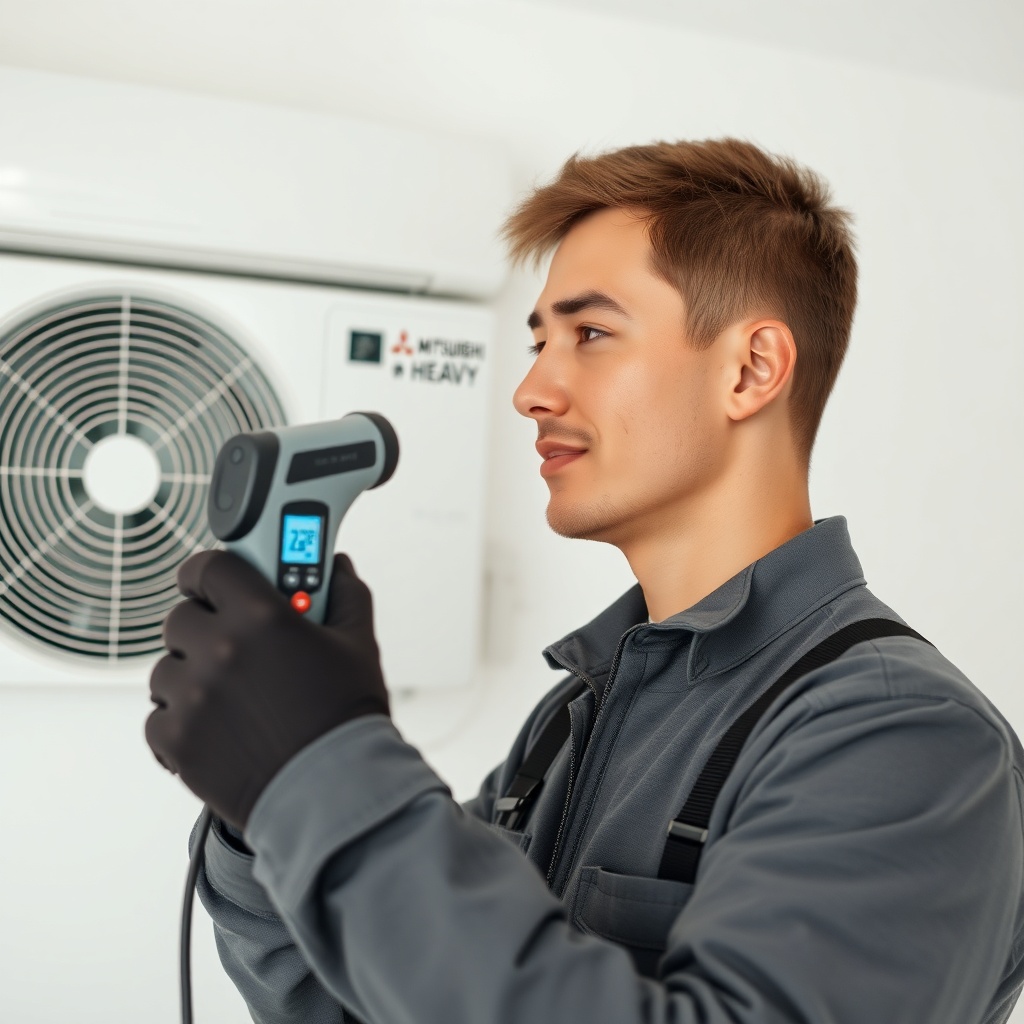 <clean photorealistic photo of a technician measuring air temperature with a digital therm