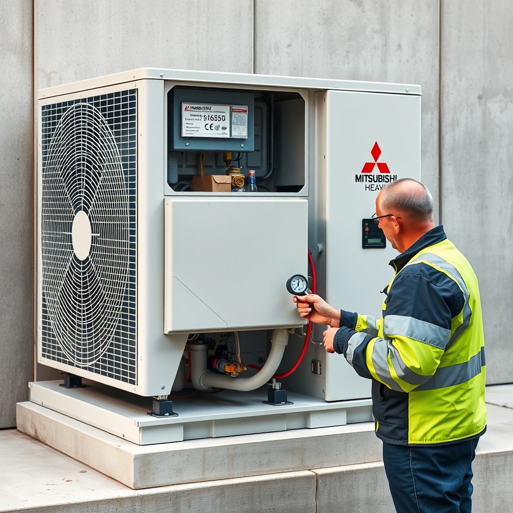 <clean photorealistic photo of a Mitsubishi Heavy ZSX outdoor unit with a technician check