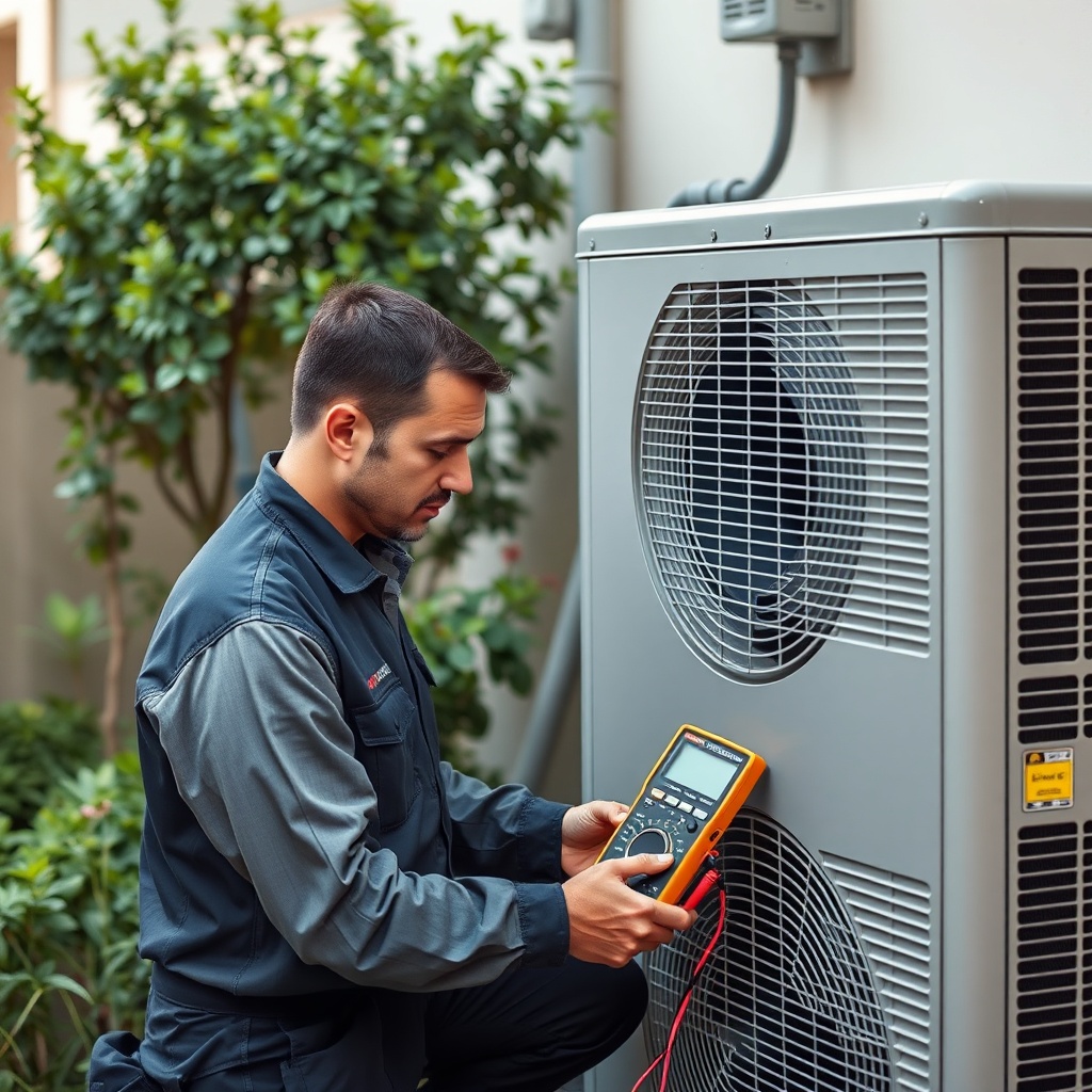<clean photorealistic photo of a technician checking the outdoor unit of Mitsubishi Heavy