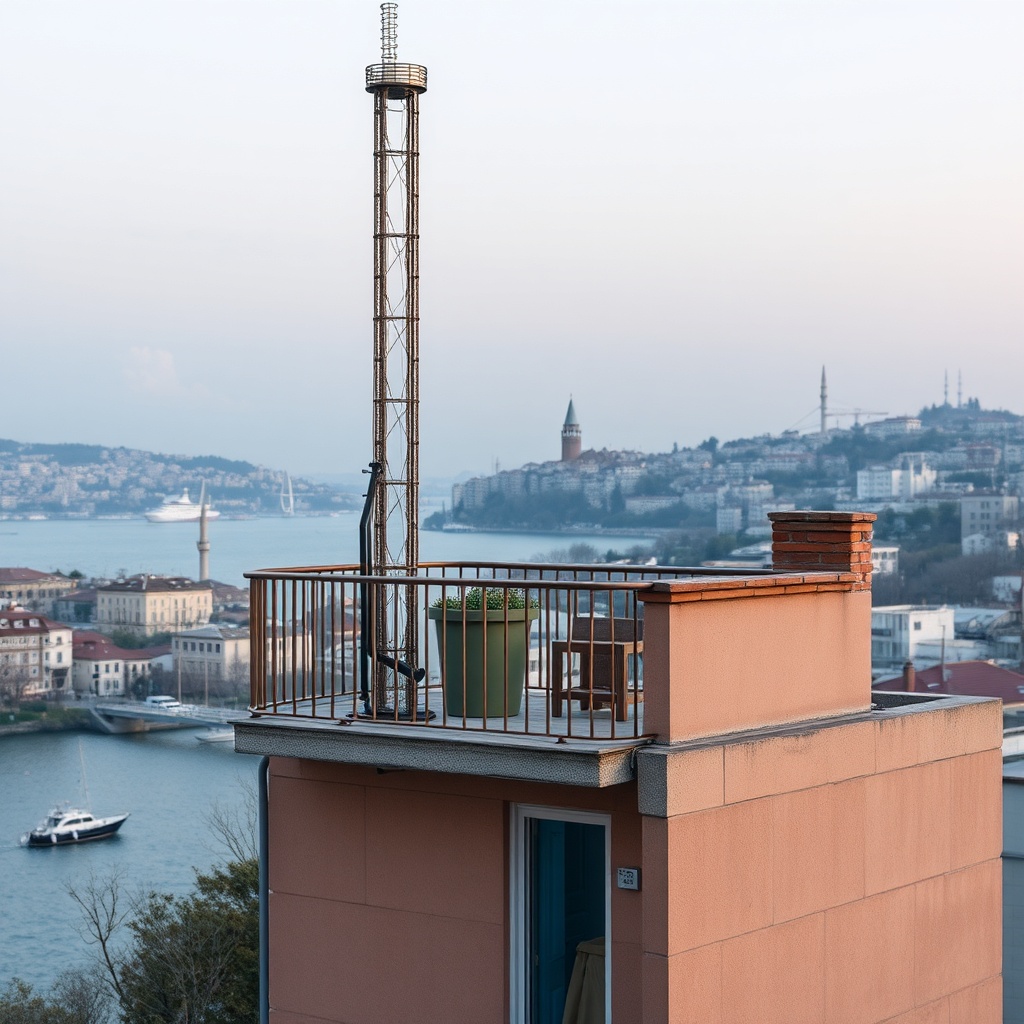 <Bir dış ünitenin (SRC ZSX) balkonun köşesine metal braketlerle monte edildiği