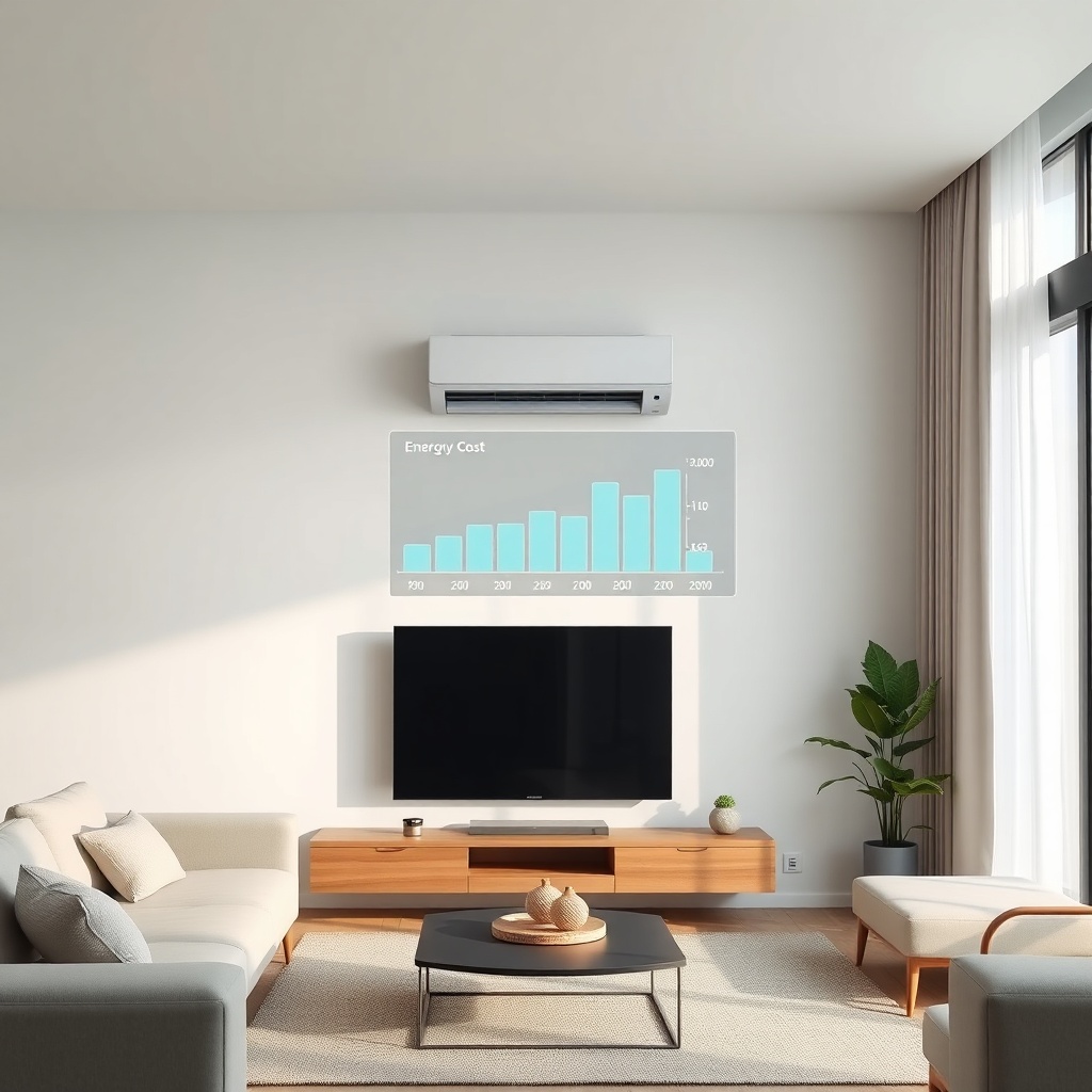 <clean photorealistic photo of a Samsung WindFree air conditioner in a modern living room