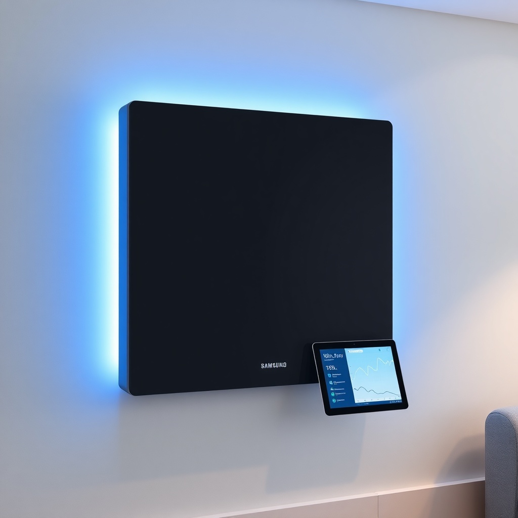 <clean photorealistic photo of a Samsung WindFree wall unit with a modern interior