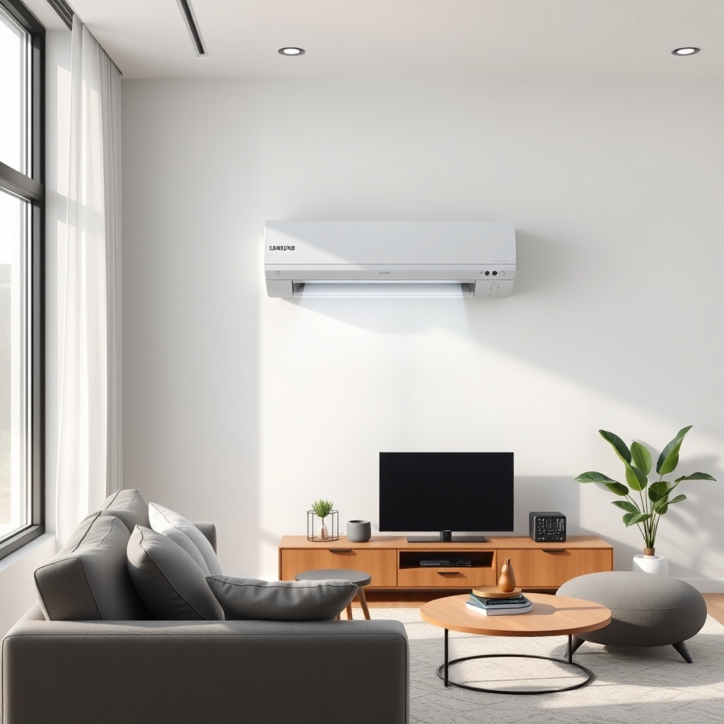 <clean photorealistic photo of a Samsung WindFree wall-mounted unit in a modern living roo