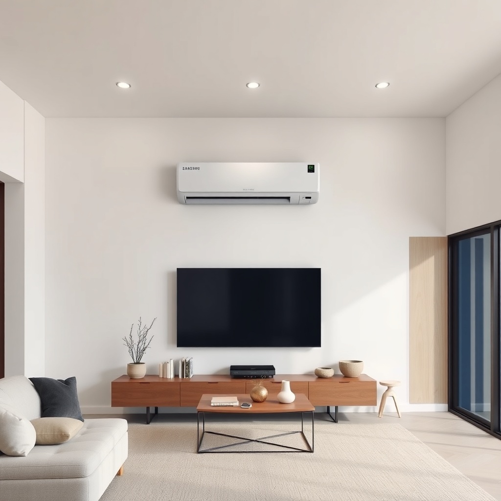 <clean photorealistic photo/illustration of a modern living room with Samsung WindFree ind