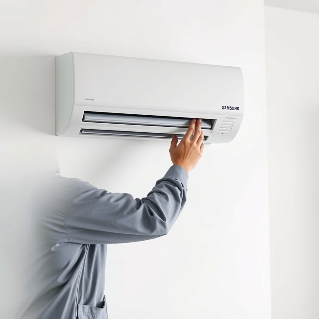 <clean photorealistic photo/illustration of a technician installing Samsung WindFree unit