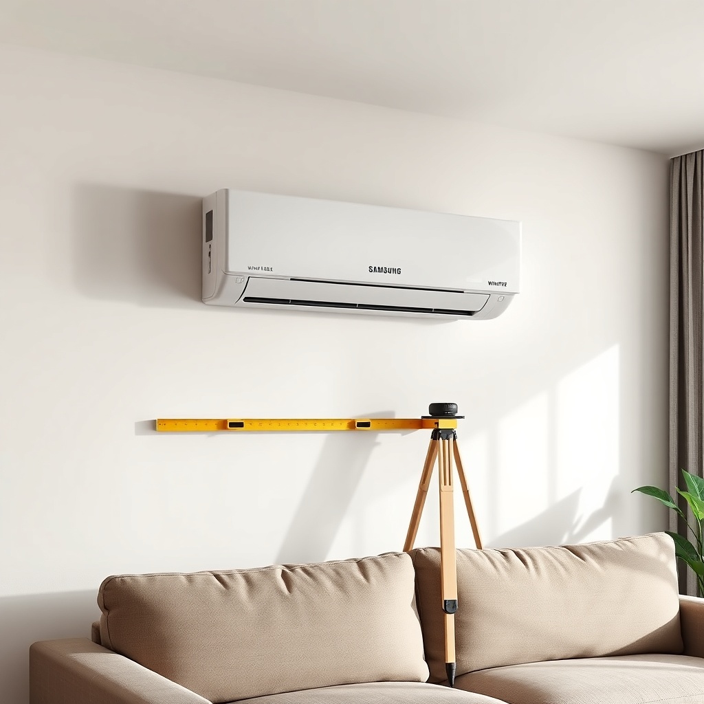 <clean photorealistic photo of a Samsung WindFree indoor unit mounted on a living room wal
