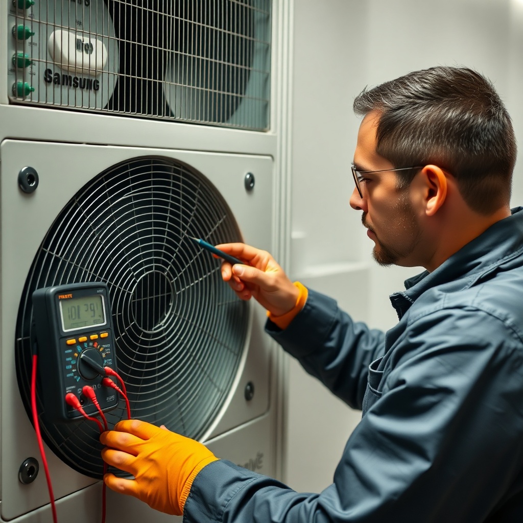 <clean photorealistic photo of a technician testing a Samsung WindFree unit with a multime