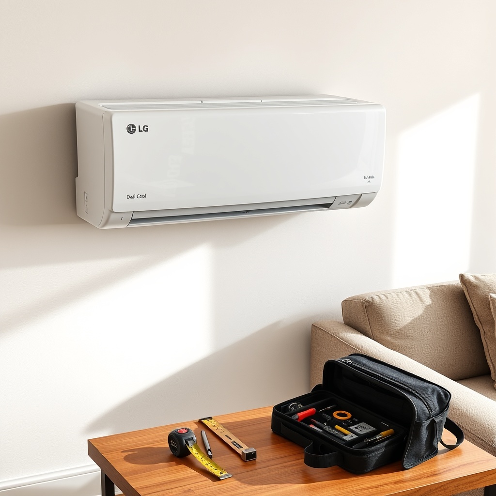 A clean high-angle shot of a white LG Dual Cool WiFi indoor unit mounted on a living room