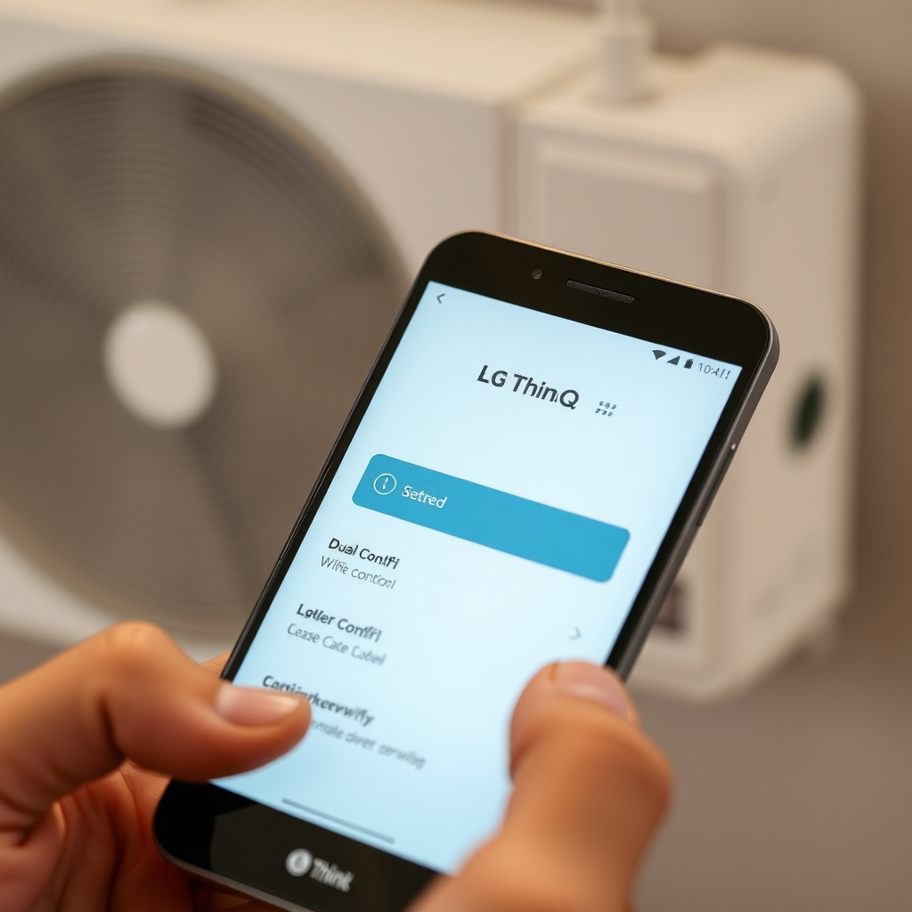A realistic close-up photo of a smartphone running the LG ThinQ app showing the LG Dual Co