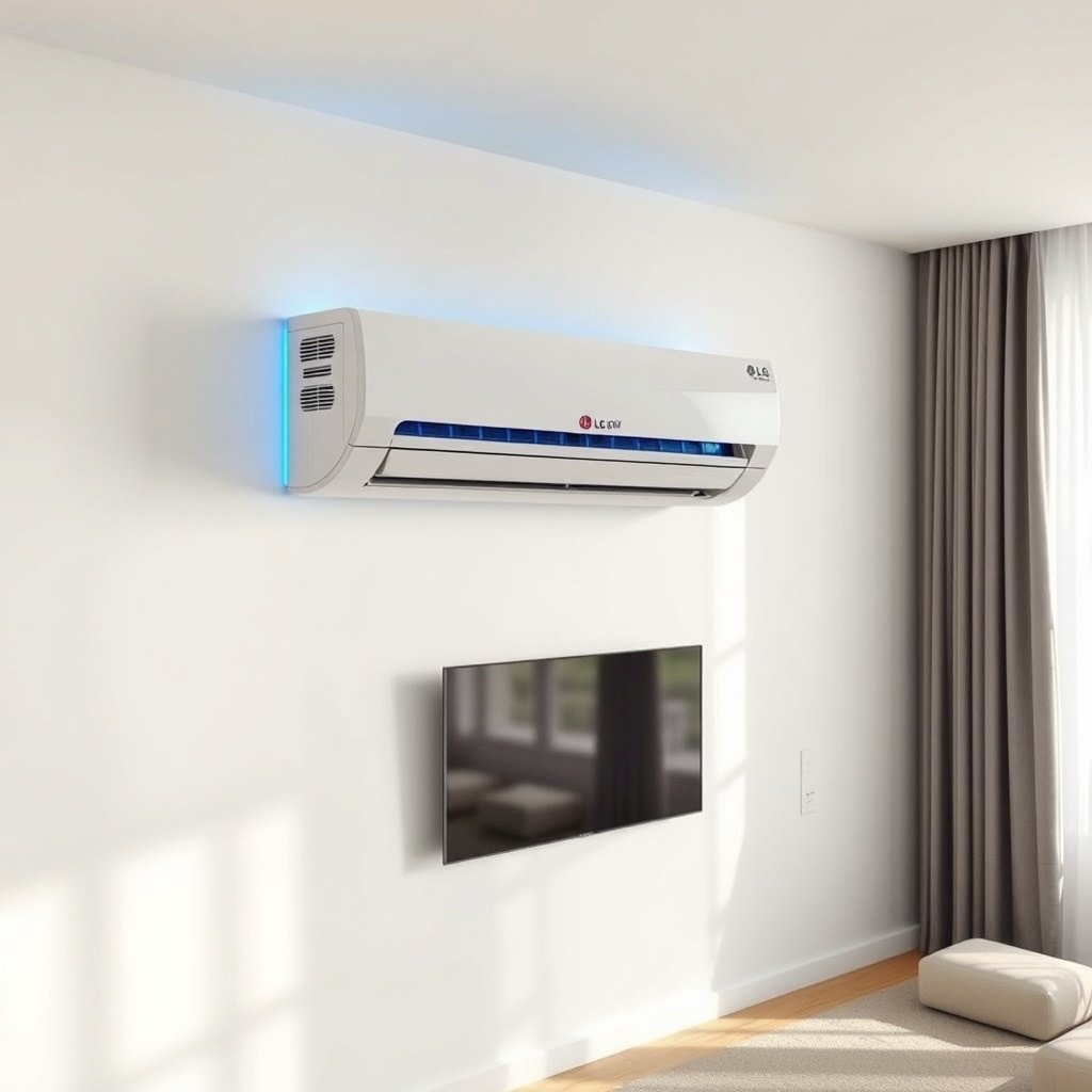 Realistic photo of an LG Dual Cool WiFi indoor unit mounted on a white wall