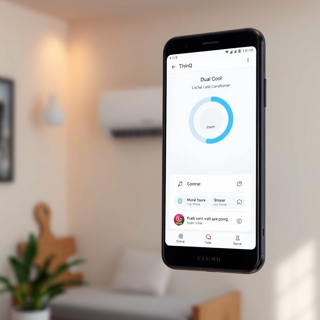 Photorealistic image of a smartphone screen showing the LG ThinQ app control interface for