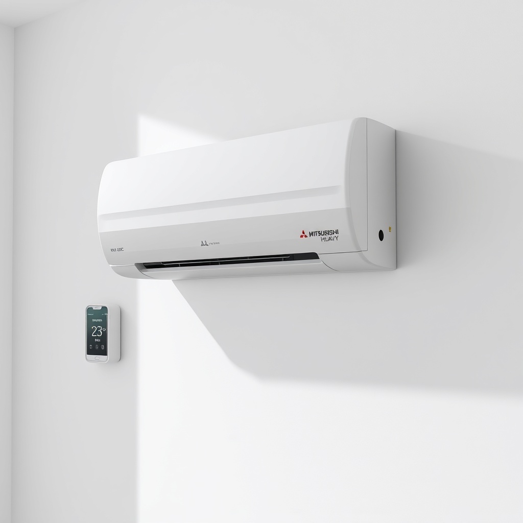 A photorealistic wide shot of a Mitsubishi Heavy SRK/SRC ZSX indoor unit mounted on a whit