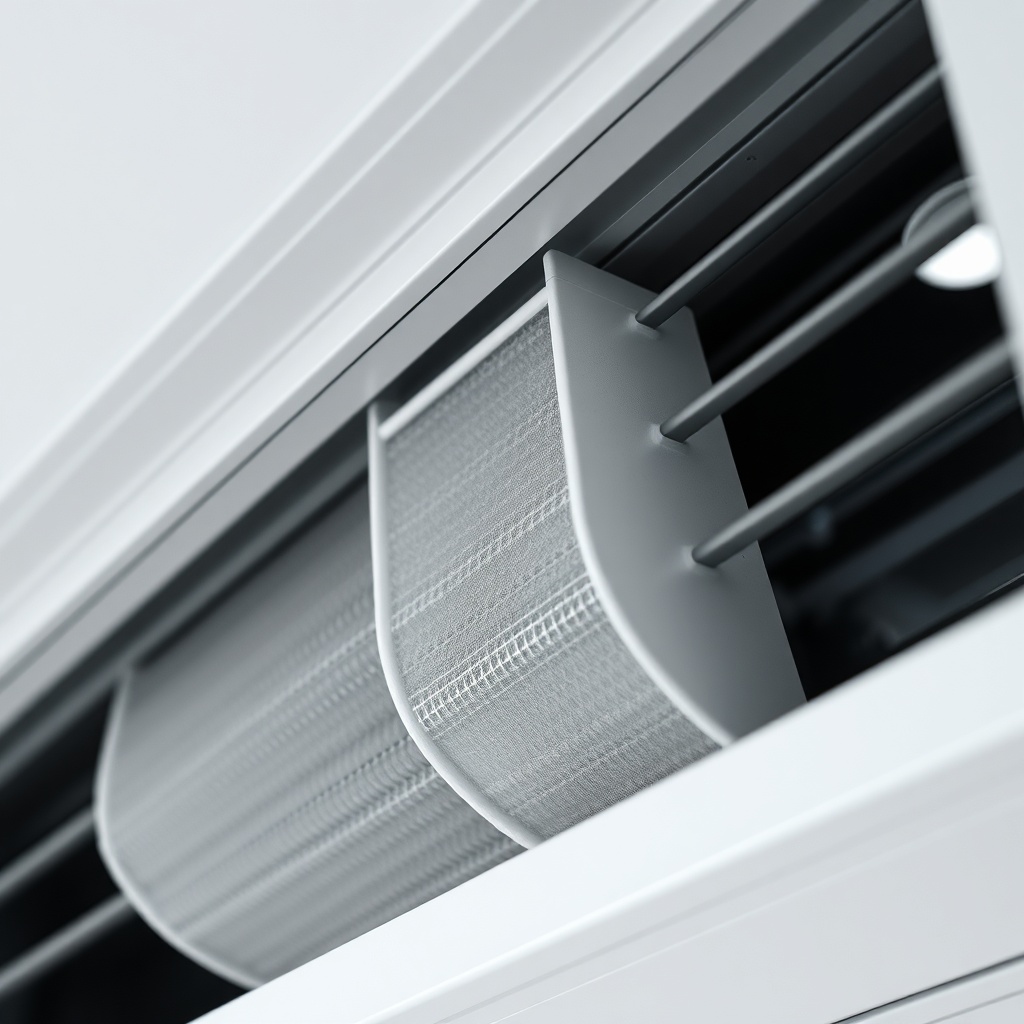 A photorealistic close-up photo of a Mitsubishi Heavy ZSX indoor unit’s air intake grille